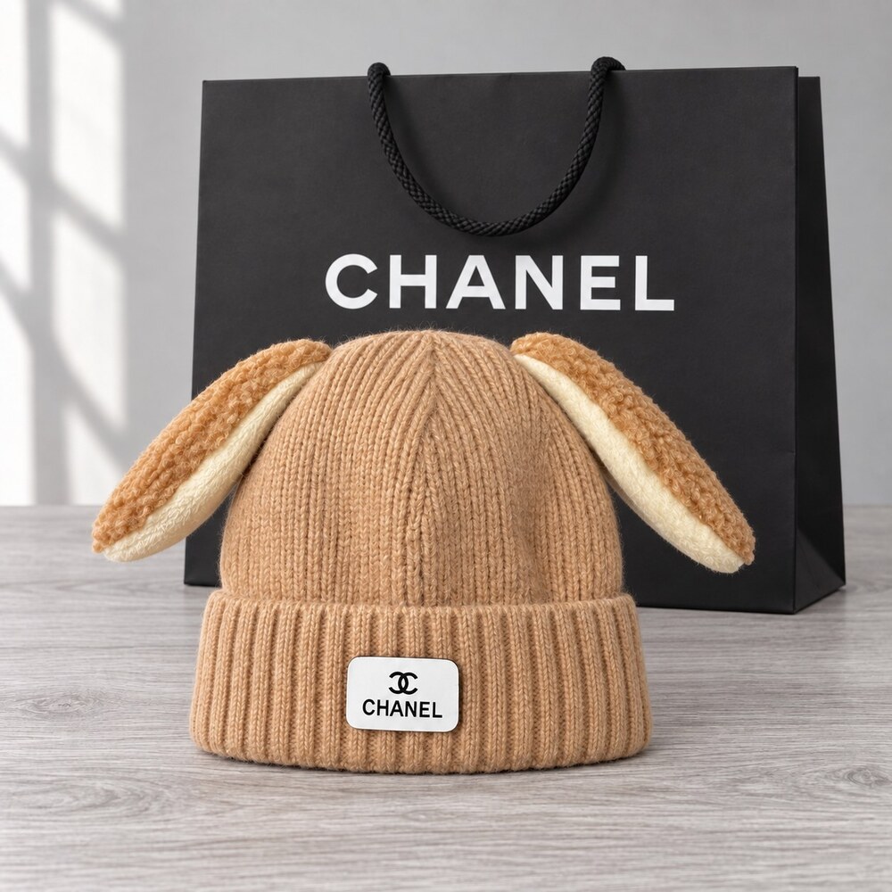 CHANEL Camel Bunny Ear Knit Beanie